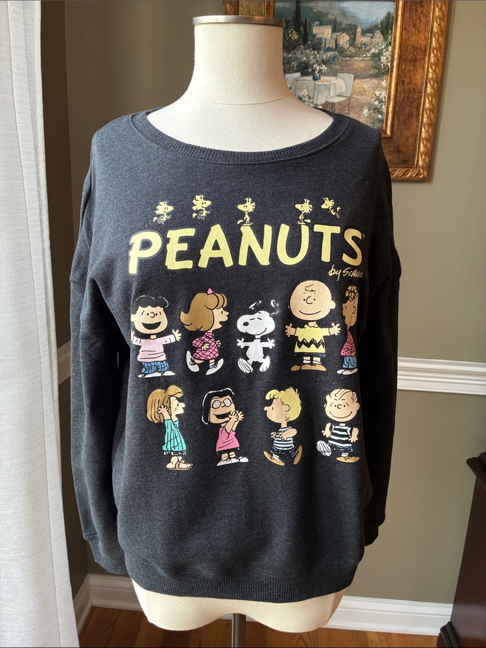 Peanuts Charcoal Crewneck Sweatshirt with Multicolor Characters Size Medium